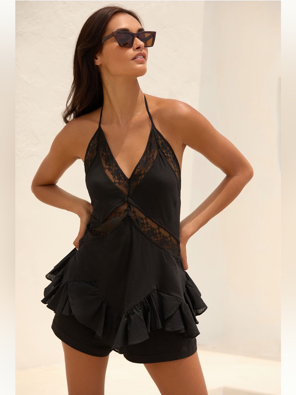 Black Lace-Trim Halter Romper NWT size XL